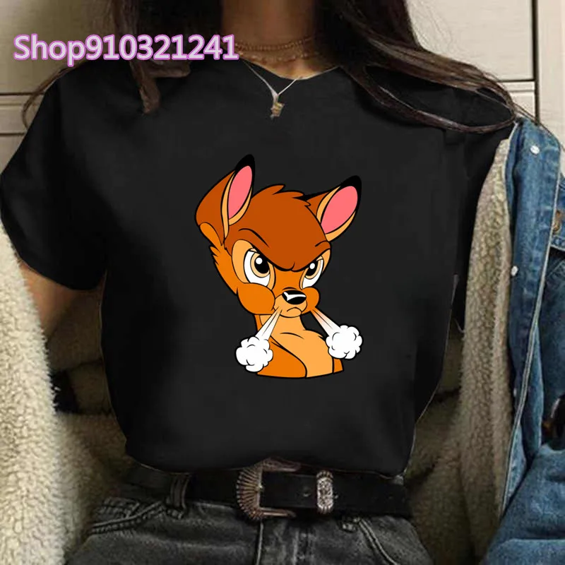 Funny Bambi T Shirt Women Printed Rabbit Thumper Cartoon T Shirt O Neck Short Sleeve Women Black Tops Ladies Fashion Tee Shirt