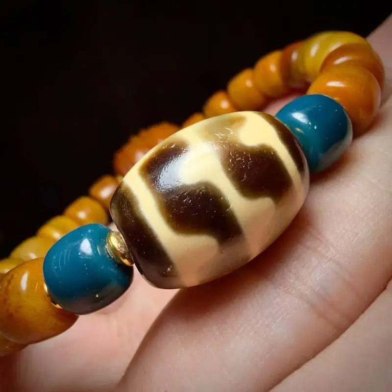 5A Grade, Genuine Natural Stone Agate, Daluo Double Dzi Bead , Tibetan-Style Bracelet Made With Cow Bone 3