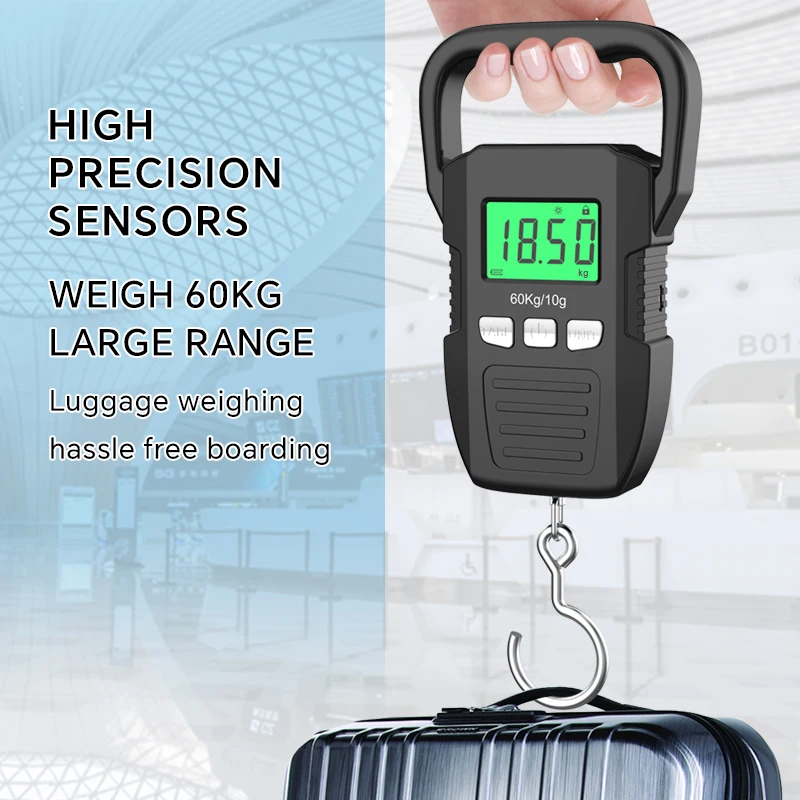 Black 60kg/10g LCD Digital Hanging Scale Portable USB Recharged Crane Hook Scales Courier Luggage Home Weighing Balance Tools