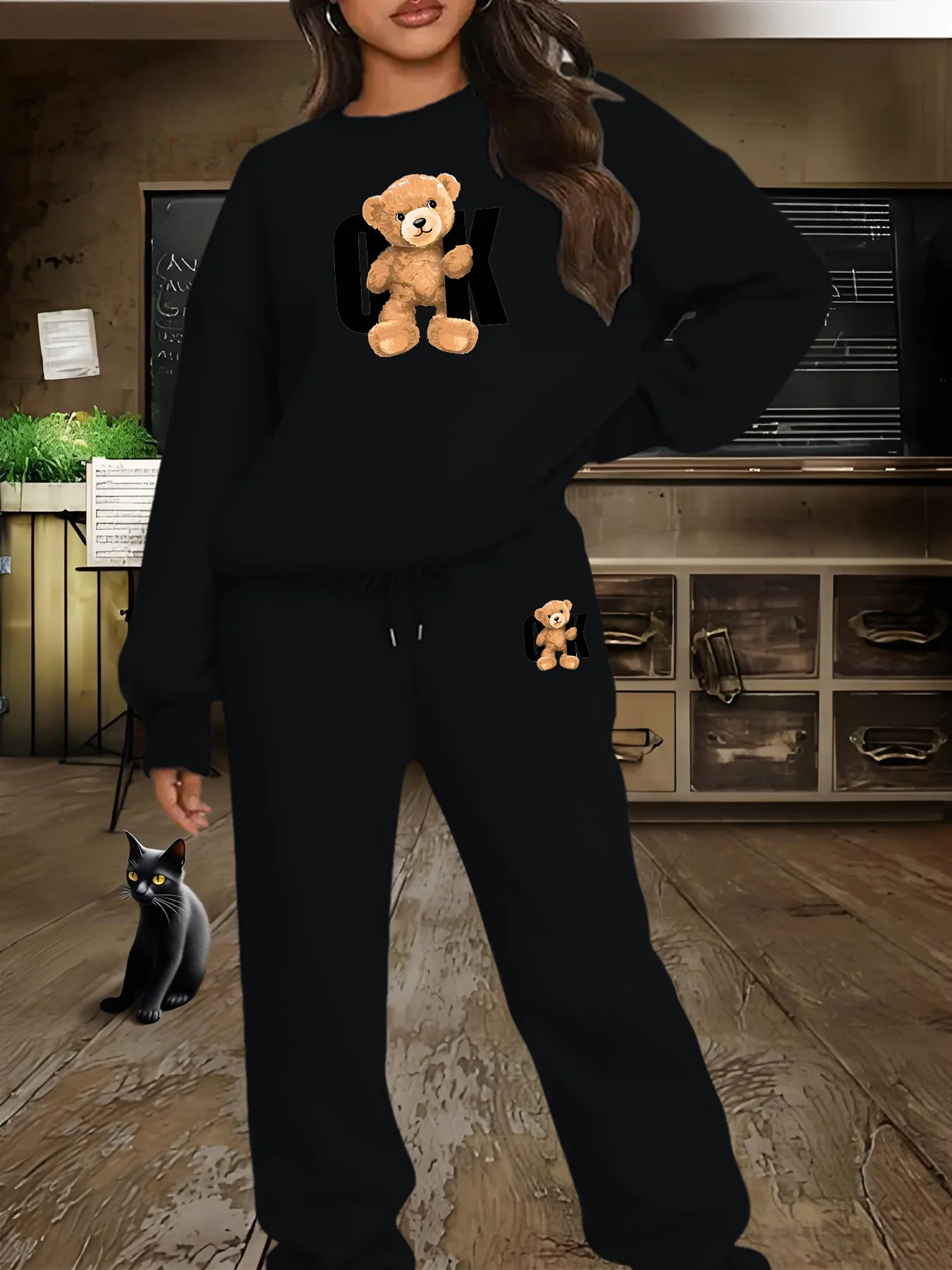 Sudadera de cuello redondo estampada a la moda urbana informal hip-hop de otoño e invierno para mujer + pantalones de chándal traje cálido