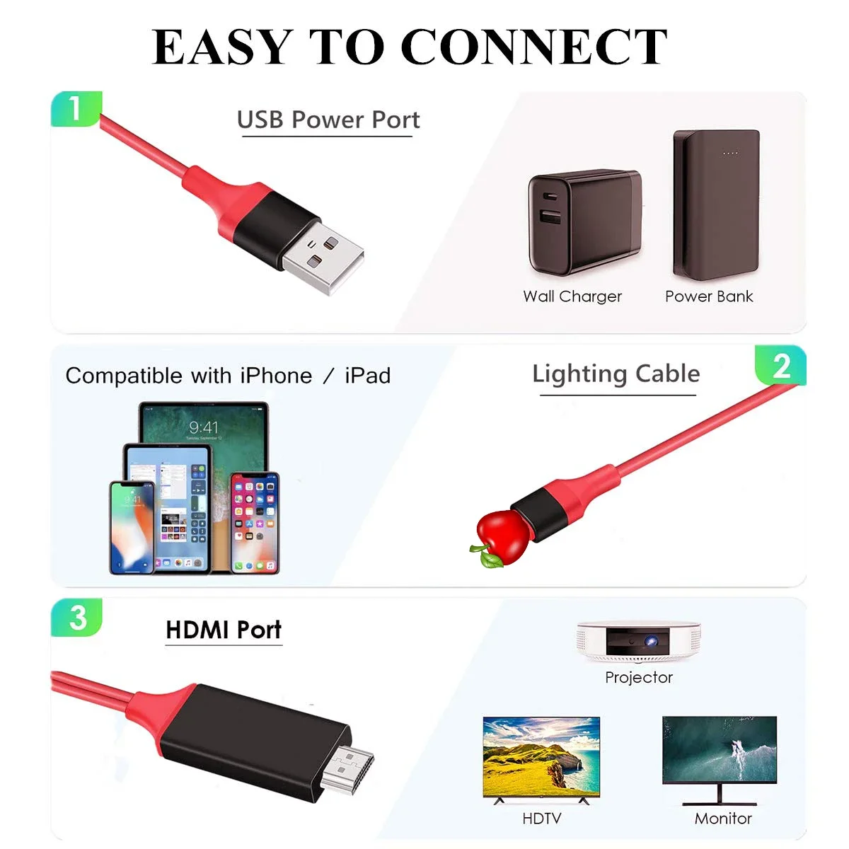 Adattatore AV digitale TV via cavo HDTV 1080P per cavi compatibili da iPhone a HDMI per iPhone 8 7 8plusX XR XS 11 per iPad Mini Air Pro