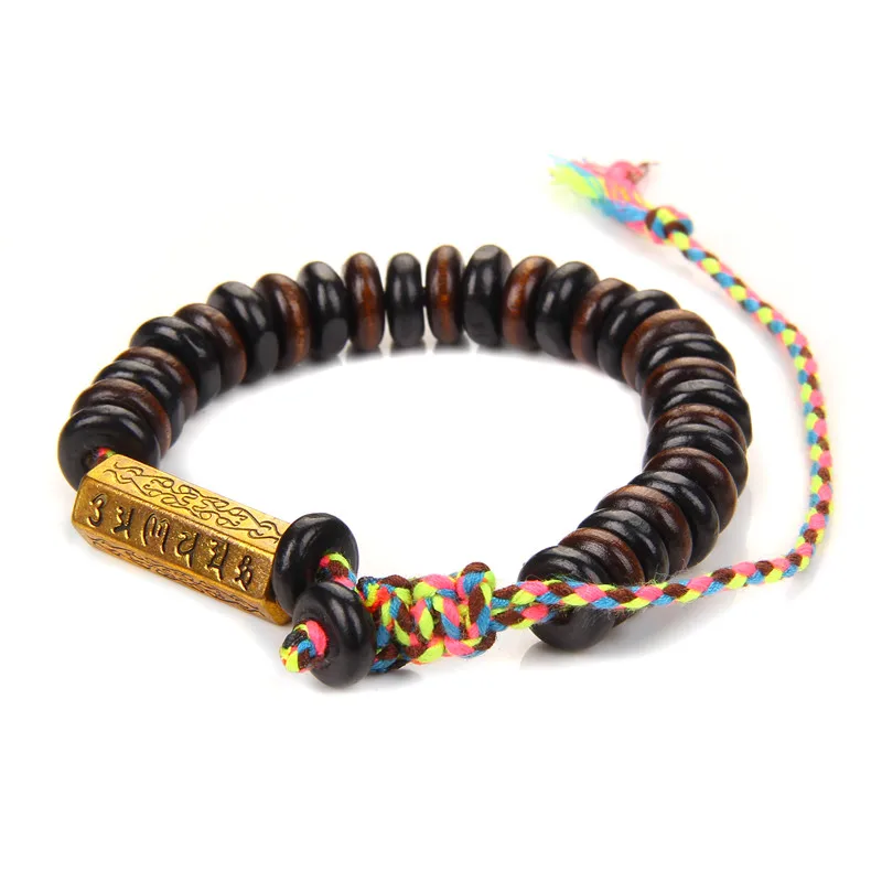 Hot SlaeTibetan Buddha Wooden Beads Bracelets Six Word Motto Alloy Charm Bracelets Men Adjustable Colorful Woven Rope Bracelets