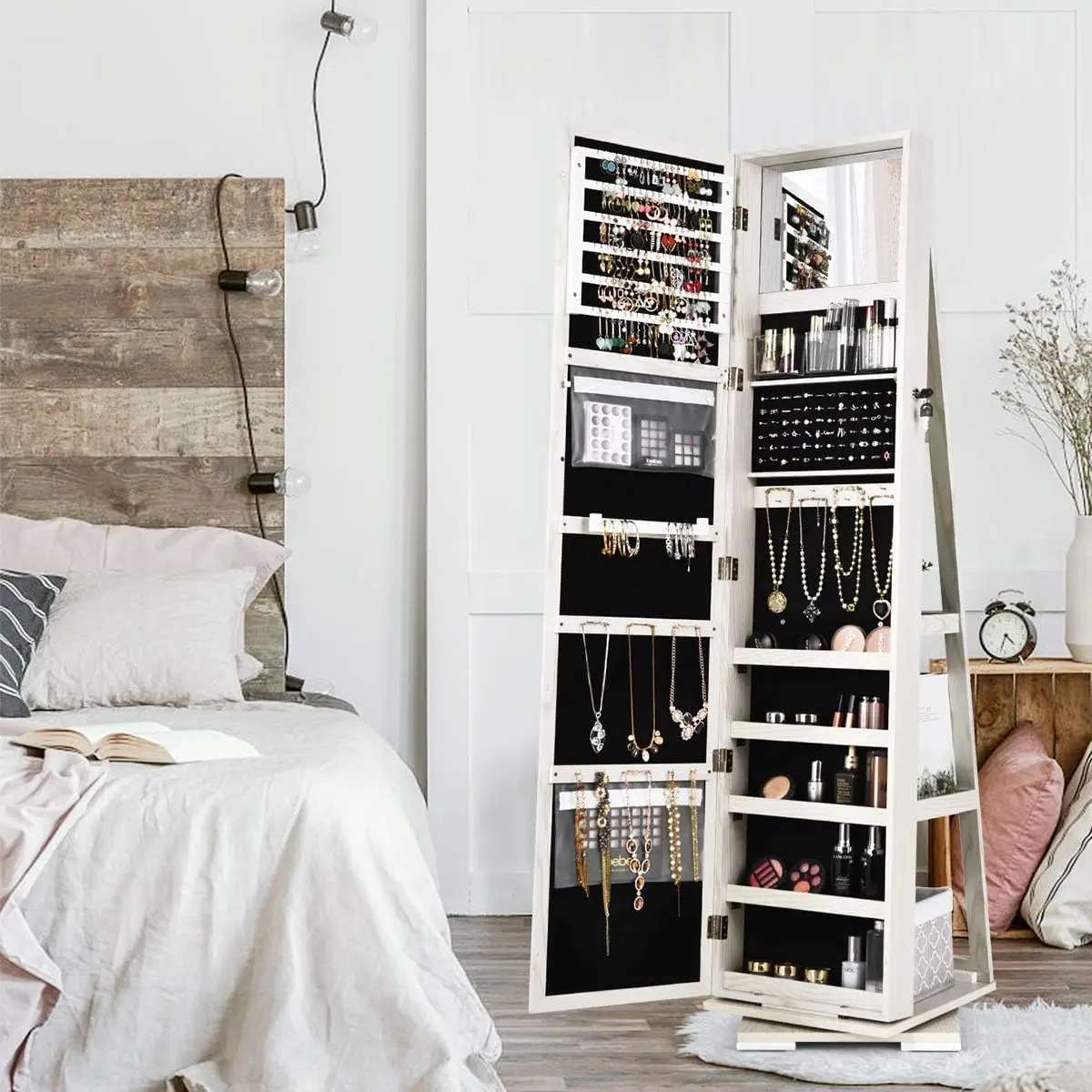 Armoire à bijoux avec miroir de maquillage intérieur pleine longueur supérieur, armoire verrouillable debout, grande capacité, dos S