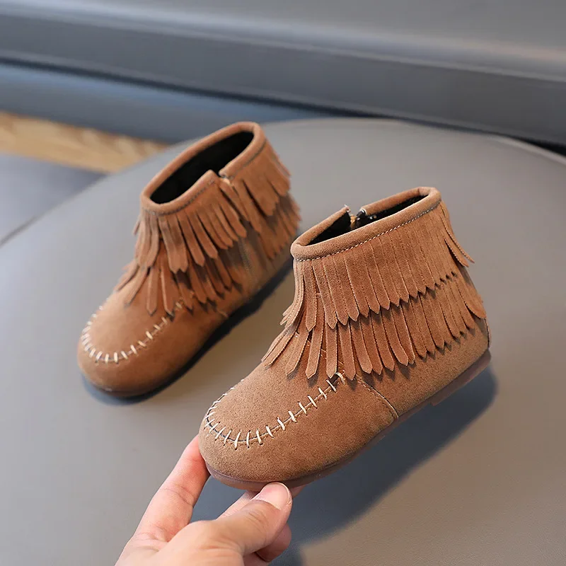 

Girls Ankle Boots Fashion Kids Princess Boots Flock Fabric Warm Thick Fur with Side Zipper Tassels 2024 Autumn Winter Brand New