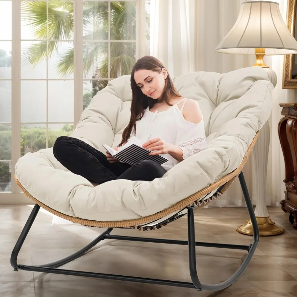 

Outdoor Papasan Rocking Chair, Indoor Egg Rocking Chair with Thick Cushion, Oversized Wicker Rattan Patio Lounge Chairs
