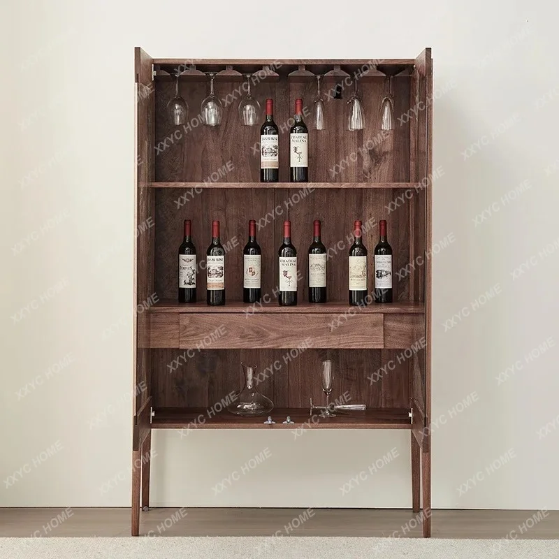 XX  Black Walnut Wine Cabinet Living Room Italian Light Luxury Wall High-grade Solid Wood Glass Door Cabinet