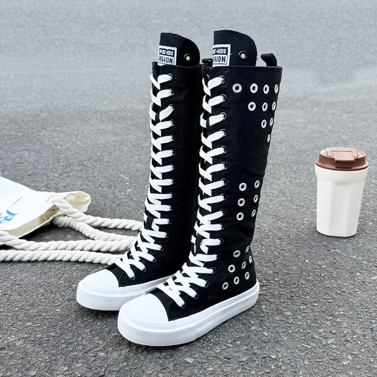 Girls' Boots, Fashionable Soft Soled Breathable High Tube Children's Canvas Shoes, Korean Version Boys' Lace Up Cloth Shoes, Chi