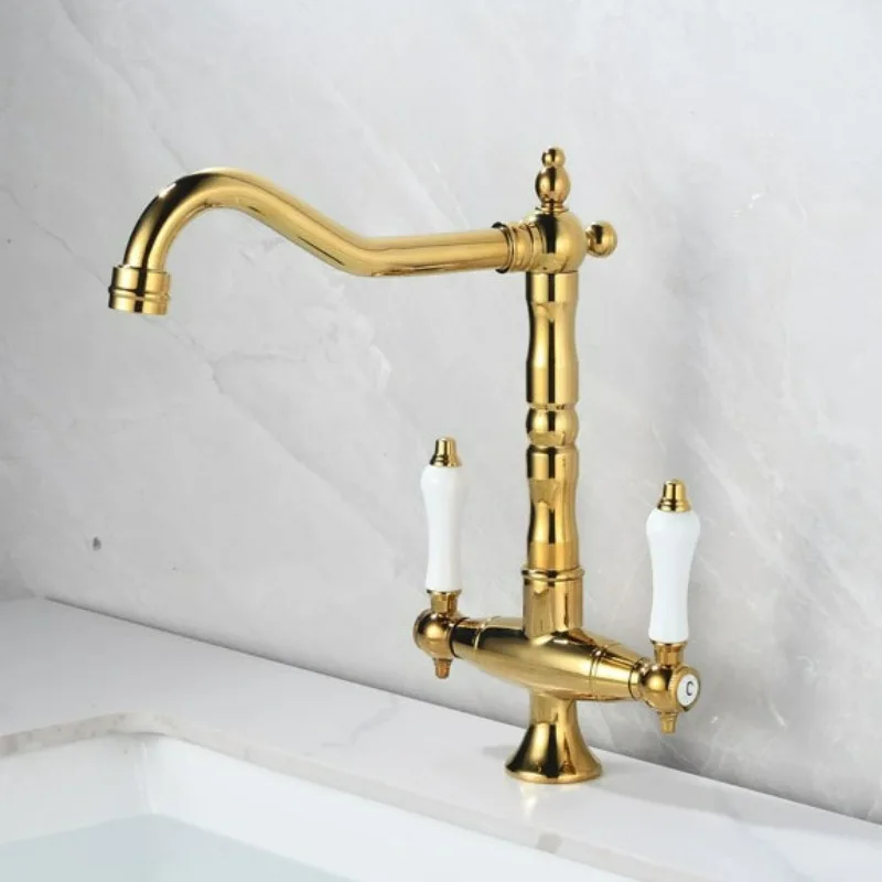 Vintage Brass Kitchen Bathroom Faucet 2-Handle Hot Cold Water Mixer Tap Swivel Spout Basin Tap Antique for Farmhouse Sink