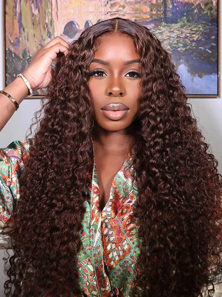Vietnamese Curly 36 38 inch Chocolate #4 Brown 13x4 HD Lace Front Human Hair Wigs Pre Plucked Deep Wave Glueless Lace Frontal Wig