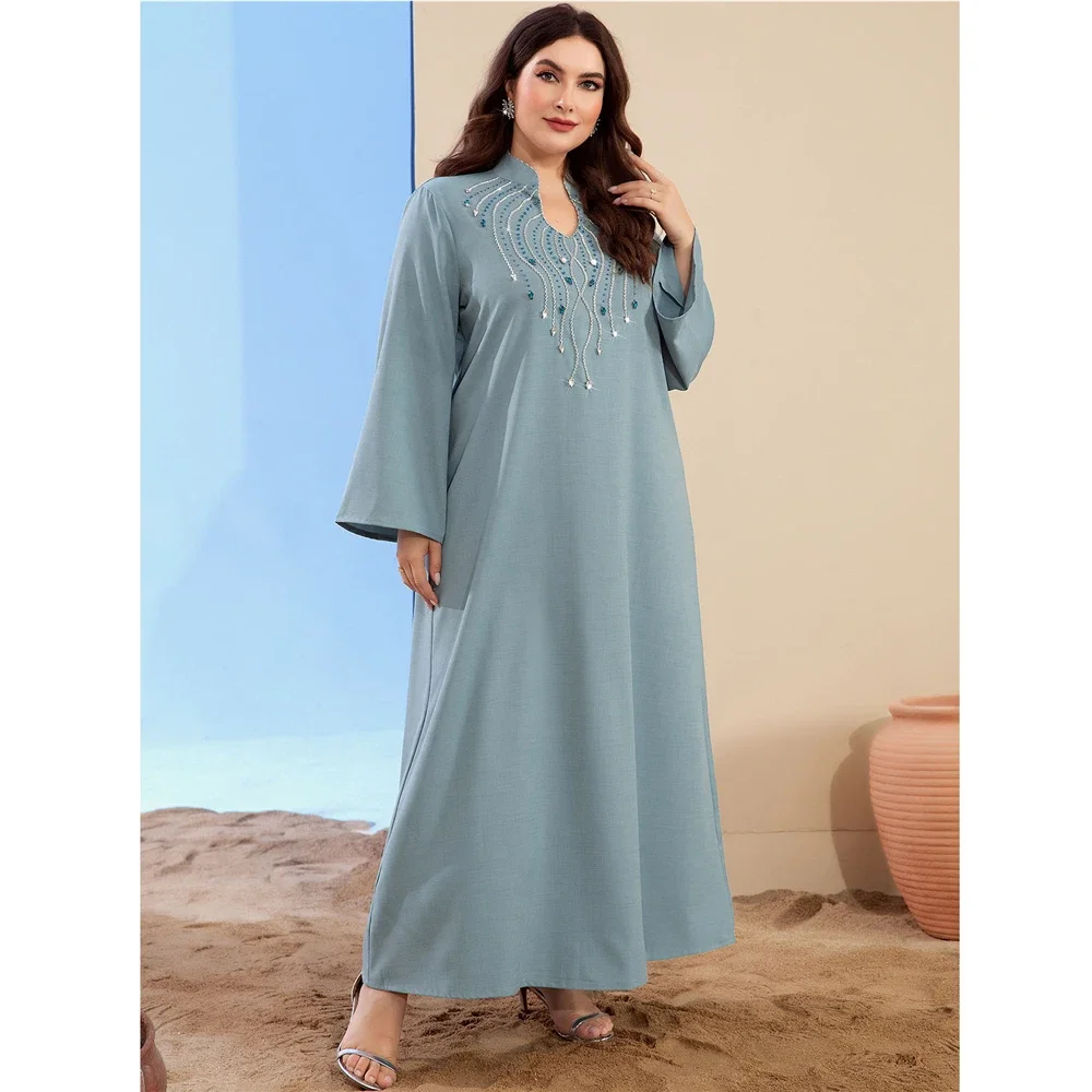 Party Caftan Diamond Long Sleeve Abaya Muslim Women Dubai Arabic Stand Collar Dress Elegant Vestidos Kaftan Ramadan 2025 New