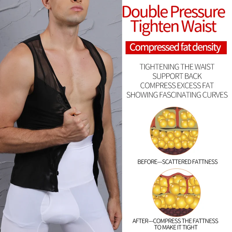 Mens Compression Shirt Slimming Body Shaper Vest Workout Tank Tops Abs Abdomen Undershirts Zipper Up Sleevelss Shapewear