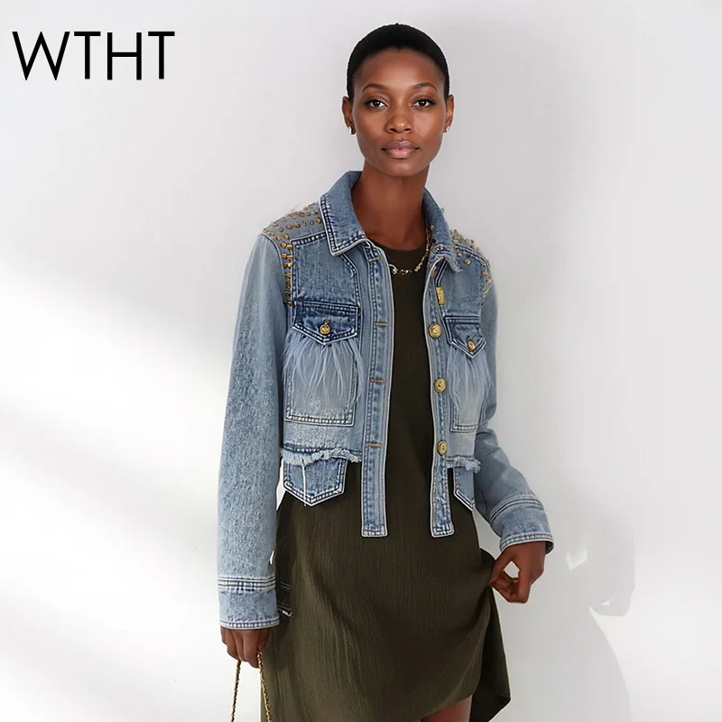 WTHT Trendy Women's New Rivet Feather Design Denim Jacket 2026 Spring Fashion Lapel Long Sleeve Coat Female 1LS3009
