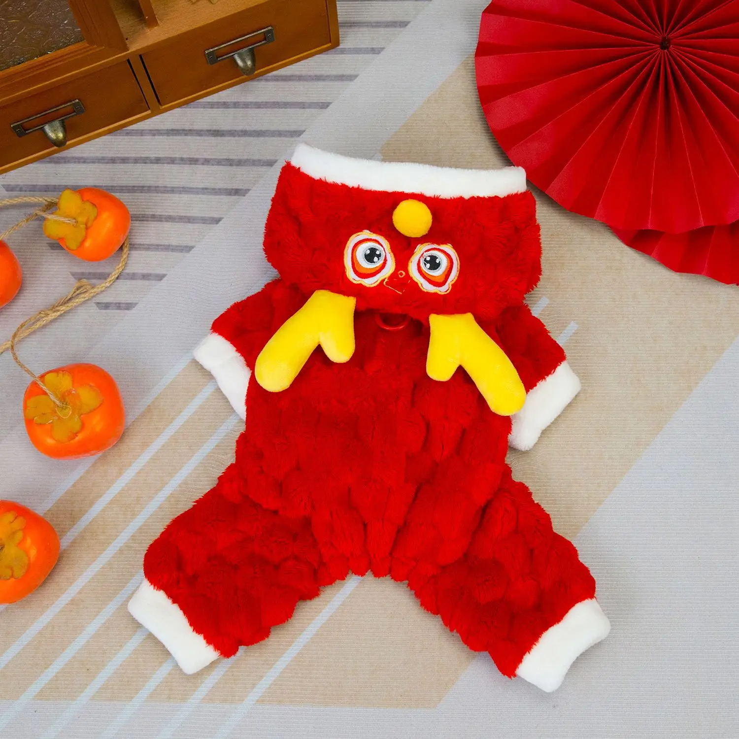 

New Year'S Quirky Hooded Pet Four-Legged Coat New Year'S Red Puppy Dog Out Padded Warm Onesie High-Value New Year'S Eve Robes