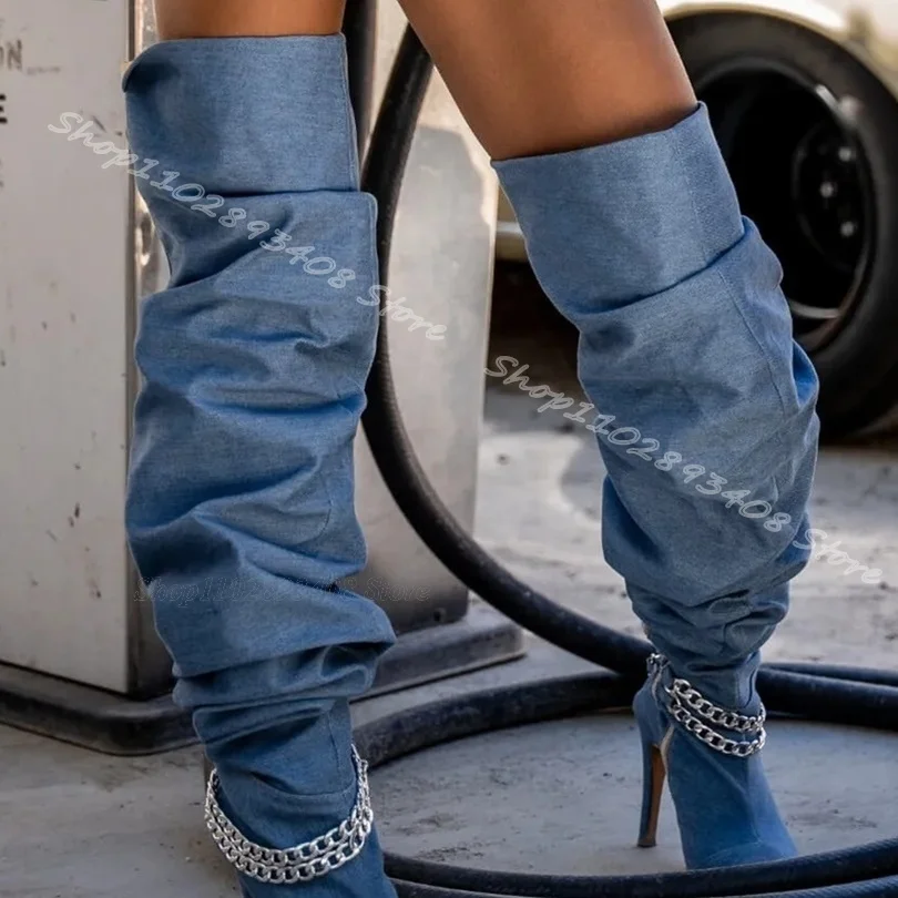 Denim Chain Decor Pleated Boots Pointed Toe Side Zipper Personality New Fashion Party Over Knee Boots 2024 Zapatos Para Mujere