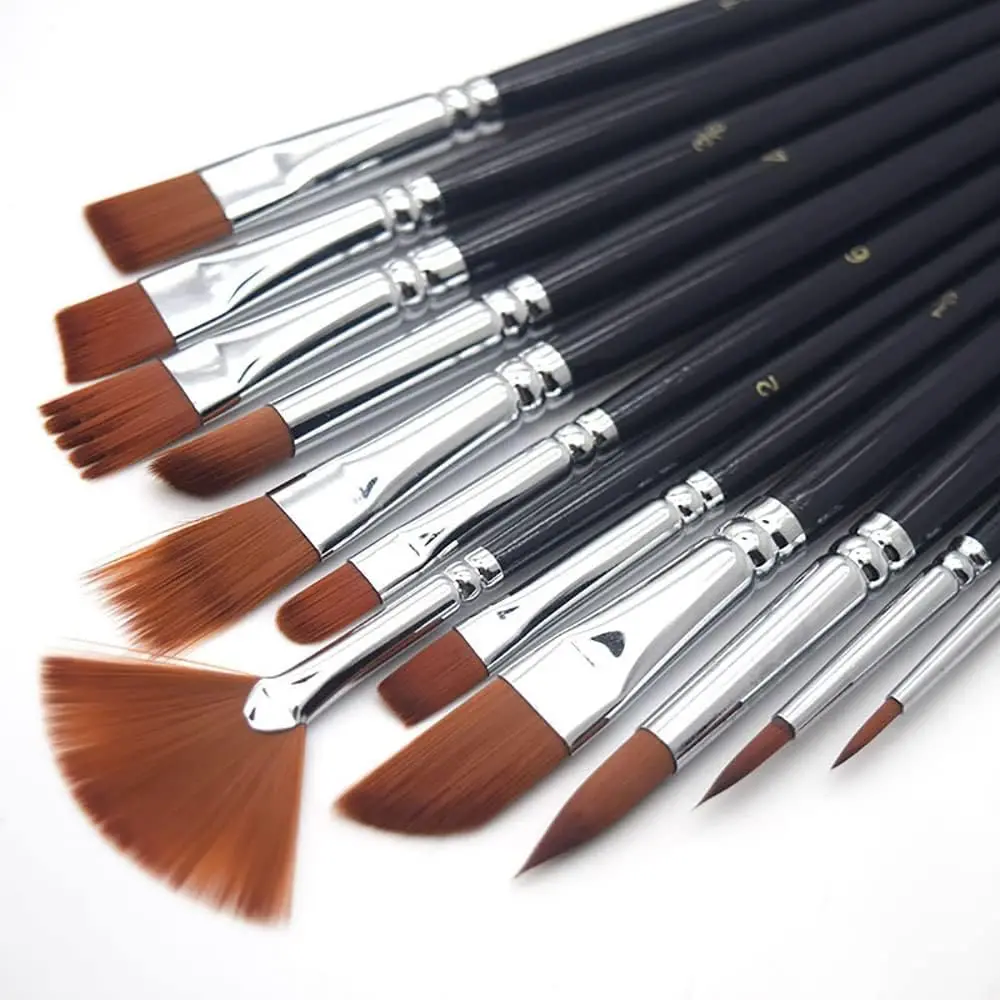 

12 pcs detail Paint Brushes Wood Black Stem for Beginner Gouache Watercolor Acrylic Oil Painting Brush Set Nylon Hair Art Tool