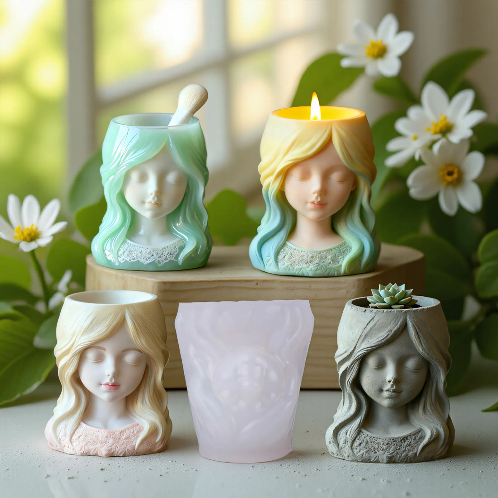 

DIY Epoxy Film with Aromatherapy Candle Cup Vase Storage Silicone Mold Sleeping Girl Gypsum Cup Storage Box Making Mould