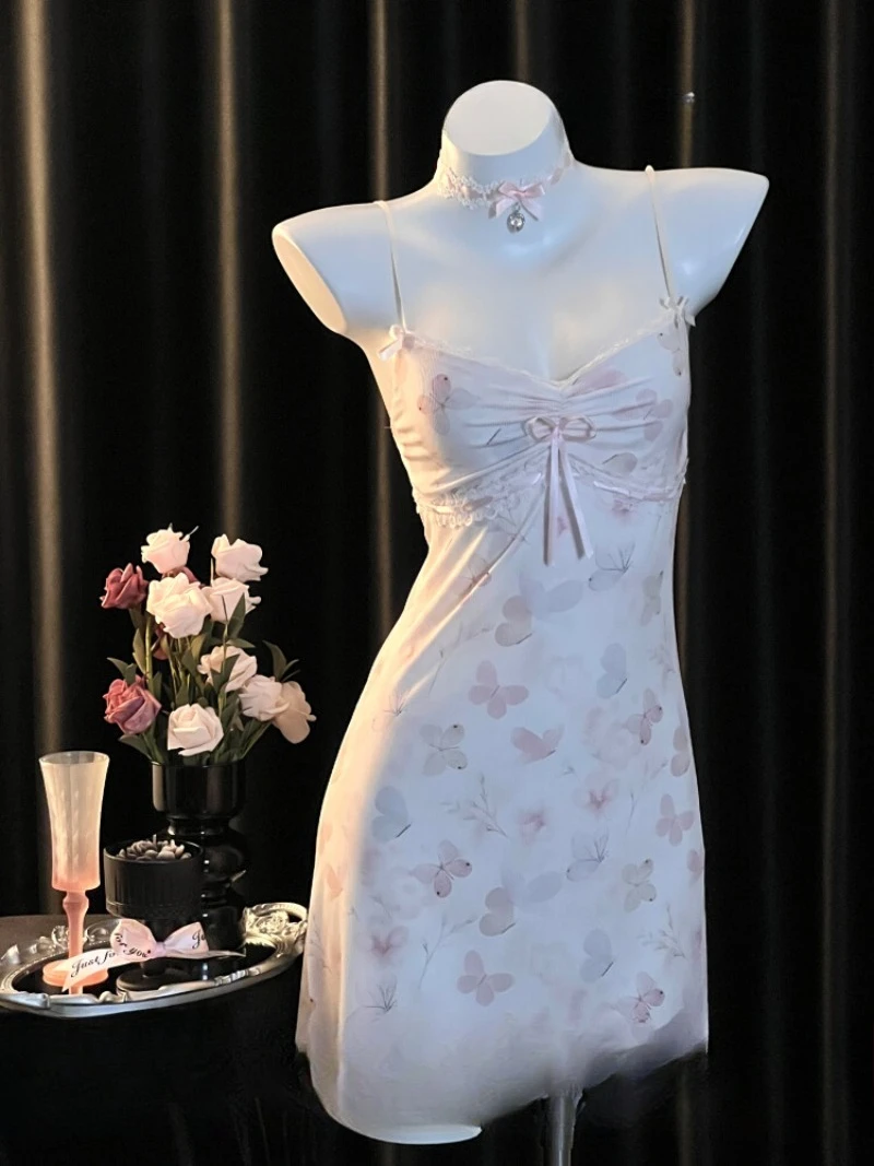 

High-end French Butterfly Print Nightdress for Girls,Tender Pink Pure Desire Sleepwear,Comfortable Summer Homewear,Soft Sexy