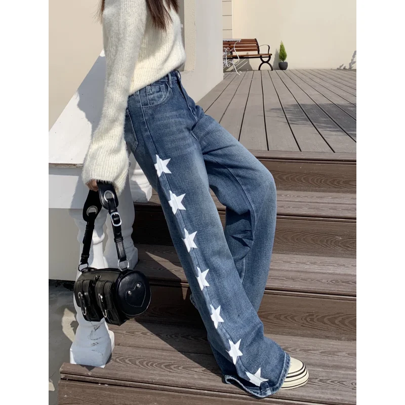 

Women' Bottoms Vintage Blue High Waist Jeans Casual Straight Wide Leg Pants High Street Female NEW Baggy Printing Denim Trouser