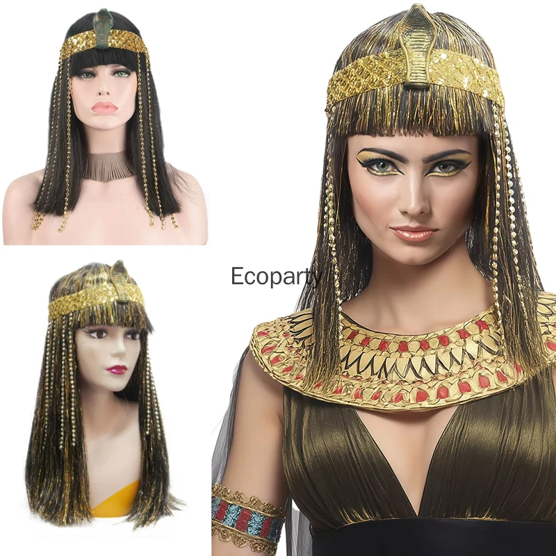 Nueva Peluca Sintética Resistente al Calor con Diadema de Serpiente, Estilo Reina Egipcia, para Mujeres, Halloween, Carnaval, Fiesta, Cosplay de Cleopatra