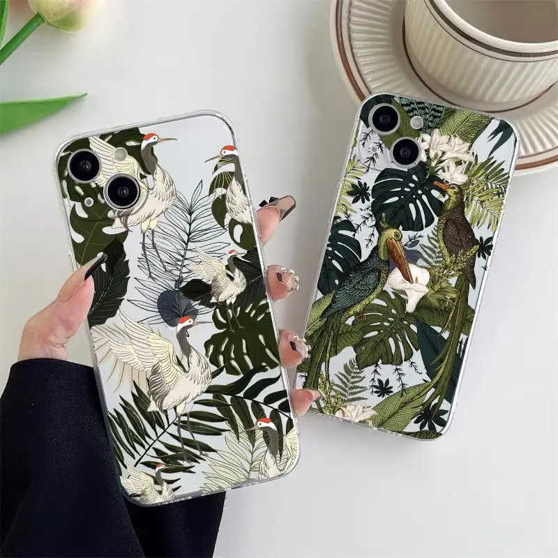 Monstera Leaves Palm Tree Flower Bird Clear Phone Case for iPhone 12 13 11 14 Pro Max Mini 8 7 14 Plus XS XR X Transparent Shell