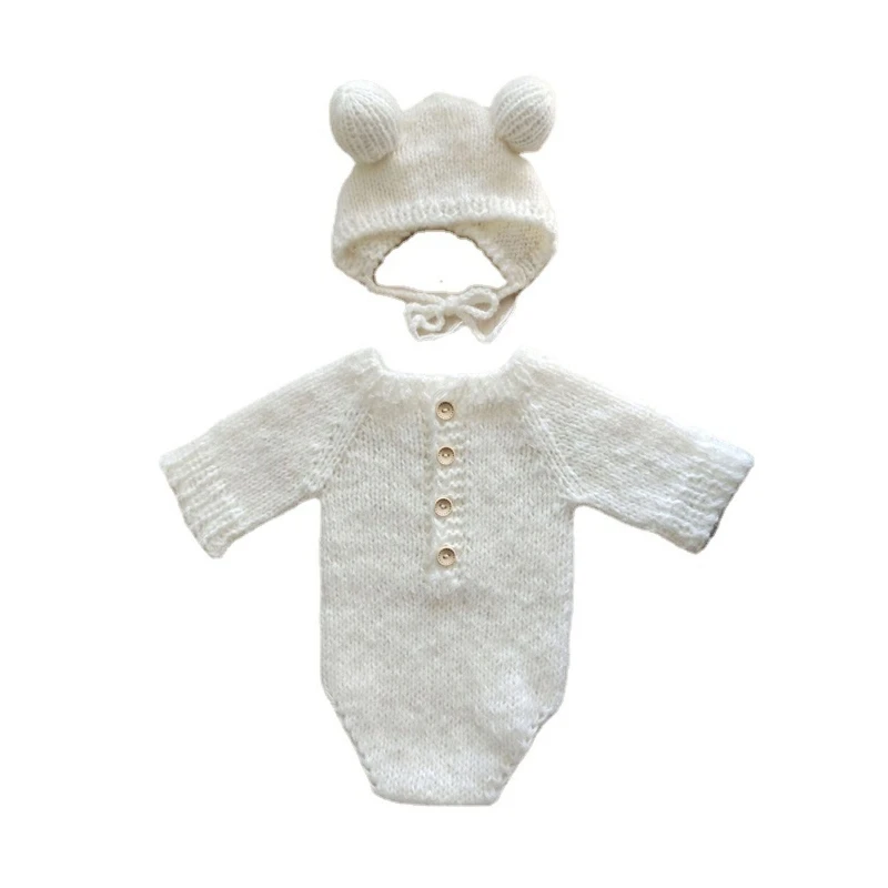 

N80C 2 Pcs Newborn Photography Props Crochet Outfit Baby Romper Hat Set Infants Photo Knit Bear Ears