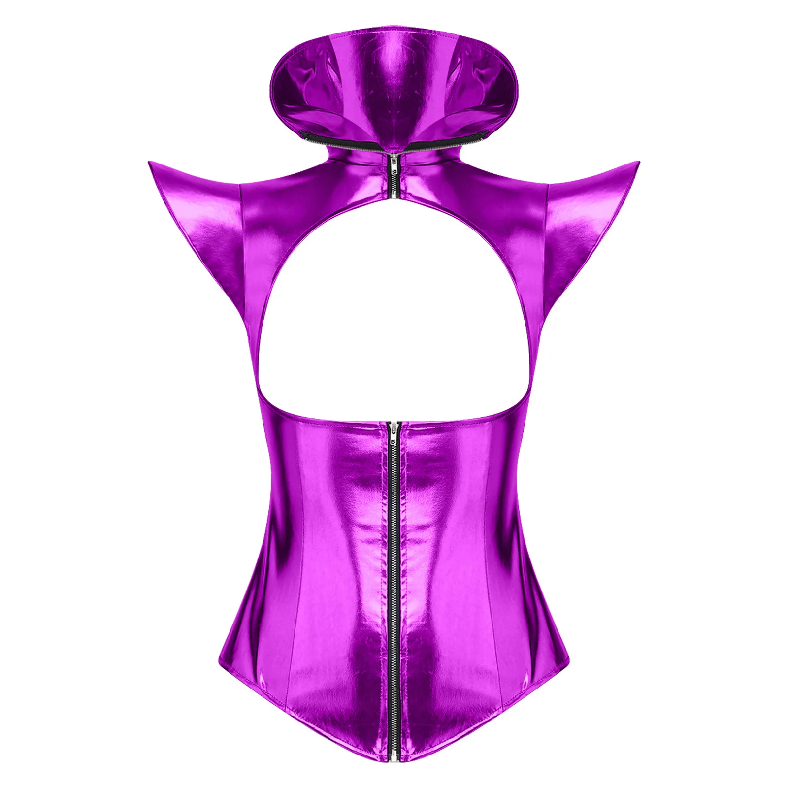 

Women Punk Style Metallic Armor Corset Tank Top Party Club Fly Sleeve Front Cutout Zip-up Bustier Cropped Top for Halloween Show