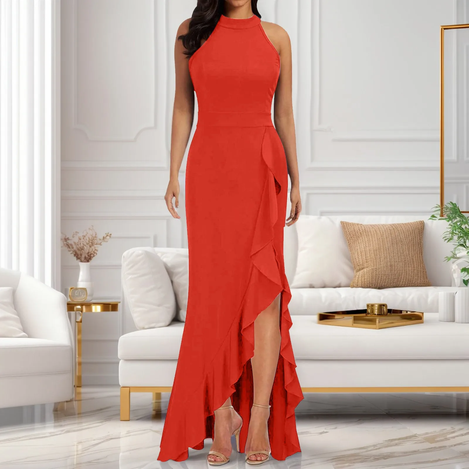 

Women'S New Tight Mermaid Evening Dress Round Neck Sleeveless High Waist Slim Slit Dress Solid Color Fashion Beautiful Dress