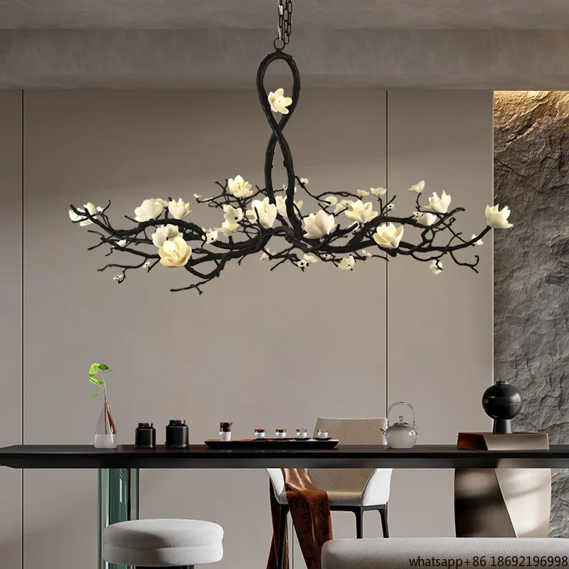 New Chinese-style living room full copper branches flower chandelier, quiet wind retro tea room light luxury