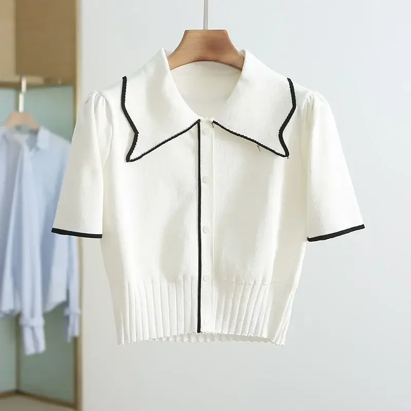

Knitting All-match Cardigan Ladies Fashion Short Sleeve Tops Summer Temperament Coat Buttons Sweater Women Clothing E161