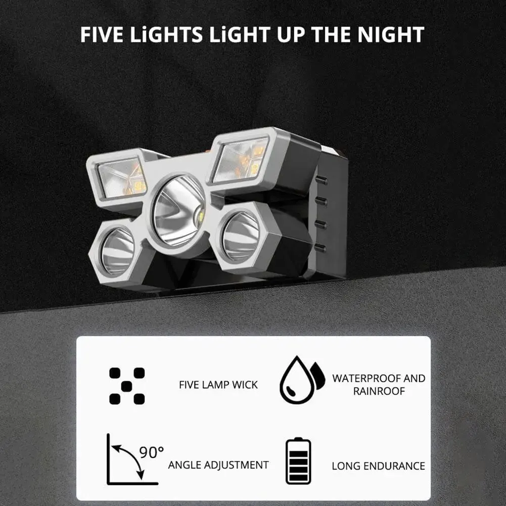5LED ไฟฉายคาดศีรษะสำหรับตกปลาแบบชาร์จไฟหัวไฟฉายด้านหน้าแบบชาร์จไฟ USB ได้พกพาได้กลางแจ้งแบบพกพา