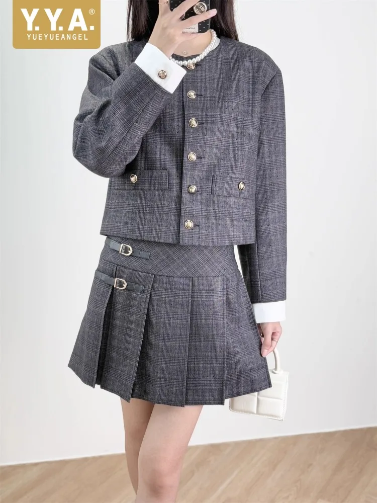 

Vintage Women Autumn Plaid Jacket Skirt Two Piece Set Single Breasted O Neck Pleated Skirt Matching Set Elegant Ladies Outfits