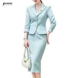 NAVIU Women Elegant Office Skirt Set Temperament Slim Fit Monochromatic Single Breasted Blazer Suits New Fashion Two Piece Set