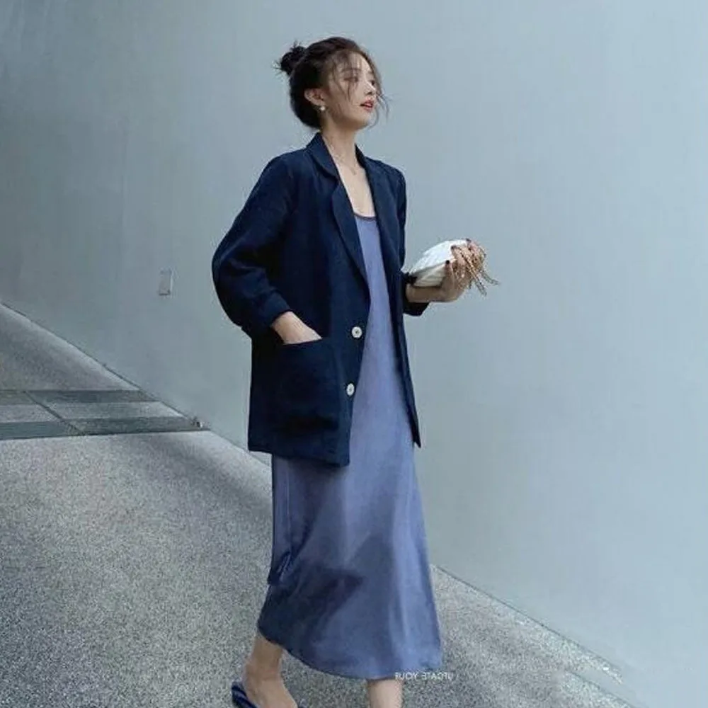 Mulheres algodão linho blazer 2025 novo verão longo terno jaqueta coreano casual verão terno topos jaqueta feminina elegante chique casaco