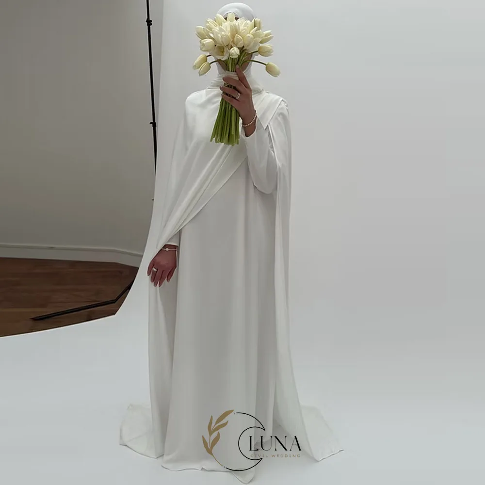 Luna Maßgeschneiderte Elegante Muslimische Hochzeitskleider mit Cape Brautkleid Bodenlang Schlichte Vestidos De Novia