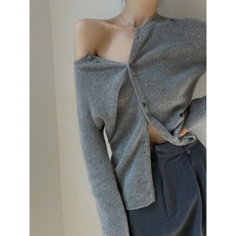 

Вязаный кардиган, куртка, облегающий свитер, осенний уникальный топ с длинными рукавами и пуговицами, женская одежда, женская серая Ropa Mujer