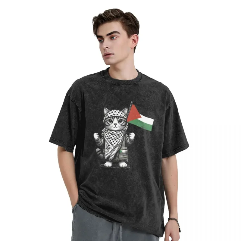 Palestinian Palestine Cat Washed T Shirt Streetwear Hip Hop Vintage T-Shirts Tee Shirt Men Women Cotton Harajuku Summer