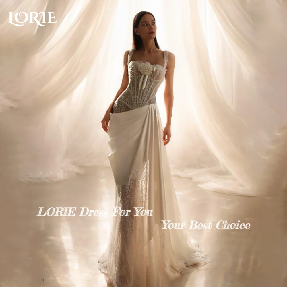 LORIE Vintage Crepe Lace Wedding Dresses Spahetti Straps Slit Bridal Gown Elegant Mermaid Pleats Illusion Bride Dress Customized