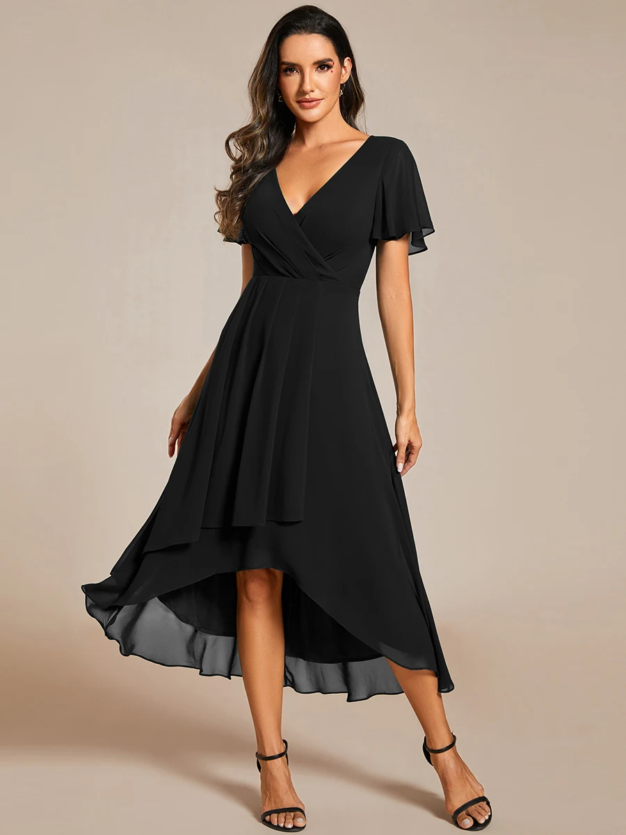 Sempre bonita-vestido de convidado do casamento chiffon, simples vestido plissado, v-colar, babados, linha a, linha a, elegante, para a festa, novo