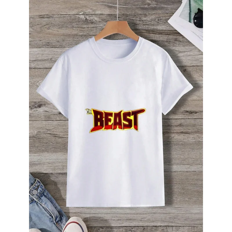 تي شيرت رجالي أبيض BEAST مطبوع عليه نمط ونص قطن عالي الجودة 180 جرام #3