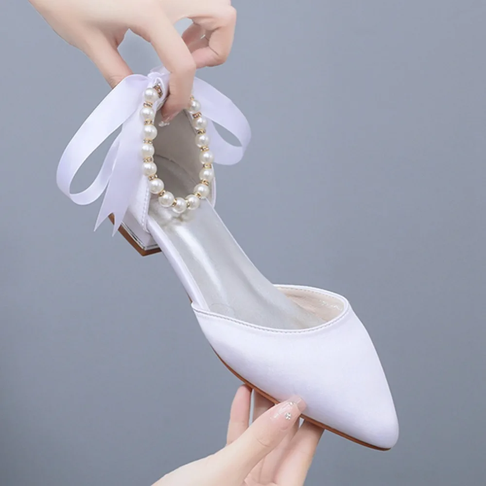 Wedding Shoes Bride Flat Heel Pointed Hollow Sandals Women White Satin Beaded Bride\'s Wedding Dress Shoes Sandalias De Mujer