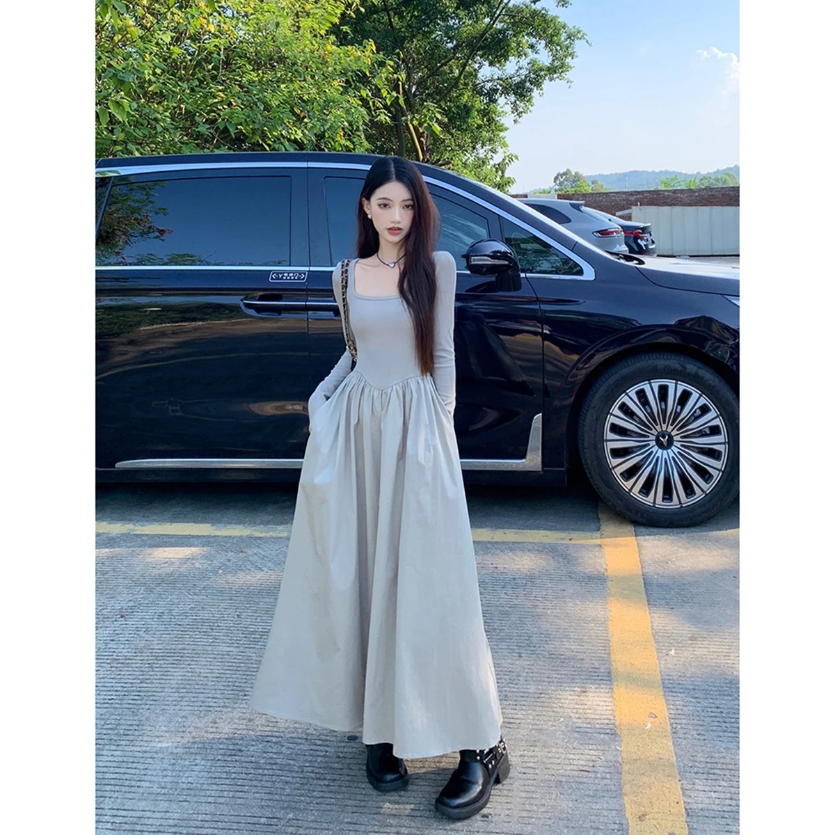 فساتين نسائية بأكمام طويلة فستان وصيفة العروس للربيع أشرطة من الساتان مزين بخصر ملتوي كبير الحجم طراز فرنسي أنيق بسيط #5