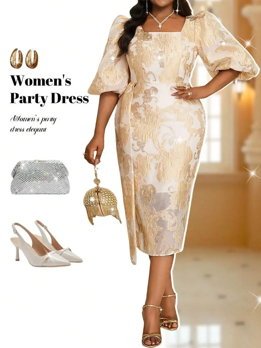 

Elegant Jacquard Lantern Sleeve Midi Dress for Parties, Weddings & Events