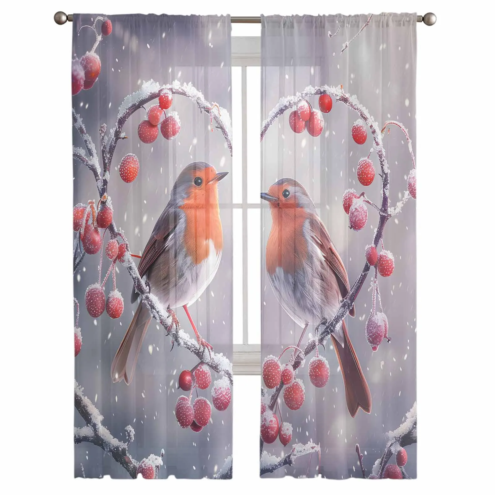 Christmas Snowflake Bird Red Fruit Love Window Treatment Tulle Modern Sheer Curtains for Kitchen Living Room Curtains Decor