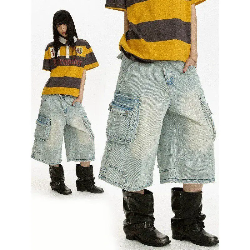 

American High Street Washed Vintage Large Pocket Seven-Foot Spring Summer Men Women Loose Wide-Leg Jeans Casual Versatile