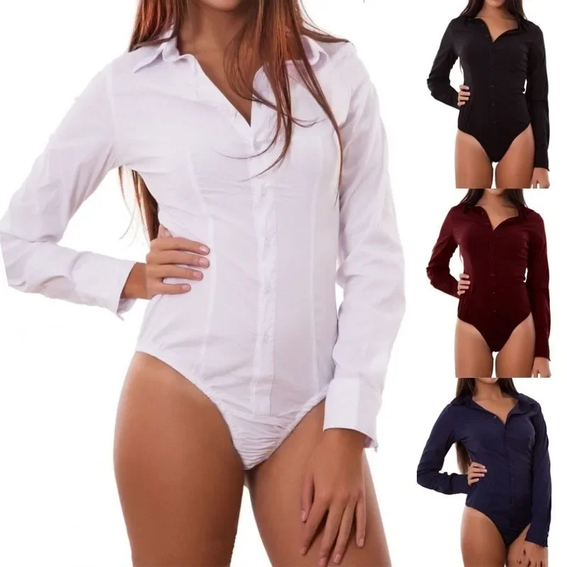 

2025 New Women Bodysuit Turn-Down Collar Long Sleeve Office Shirt Bodysuit Briefs Cut Ladies Clothing Combinaison Femme