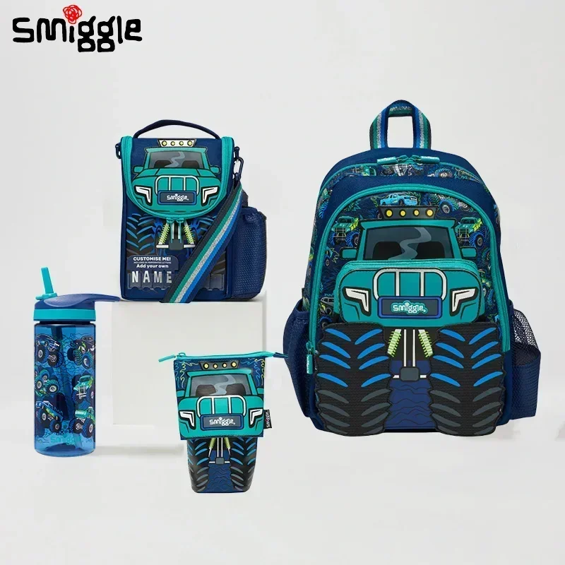 Genuine Australian Smiggle Schoolbag Cute Blue Truck School Bag Medium Children Backpack Water Cup Retractable Pen Bag Lunch Bag