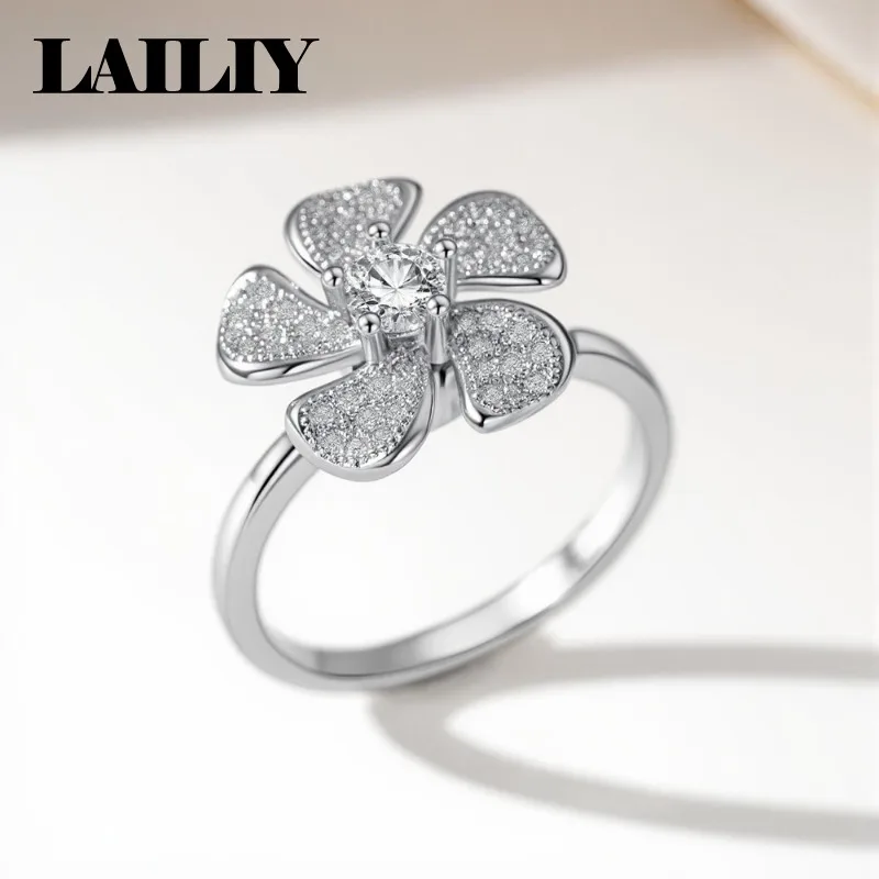LAILIY 925 Sterling Silver 18KGold New Gift Ring with Micro set Zircon Rotating Flower Adjustable Ring for Women Fashion Jewelry