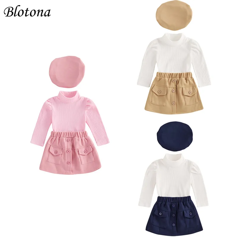 Blotona Kids Girls 3Piece Outfits Solid Color Long Sleeve Ribbed Tops and Button Elastic Waist Skirt Beret Hat Cute Fall Set