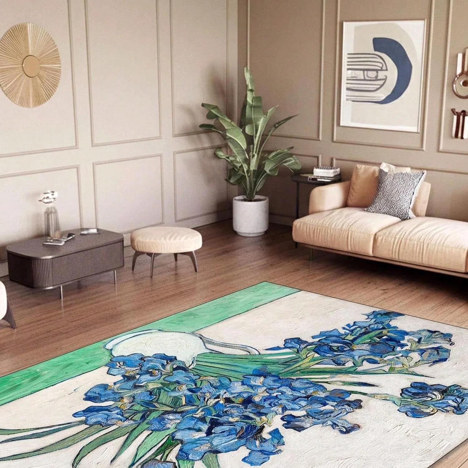 Van Gogh Iris Artistic Rug, Artistic Blue Floral Area Rug, Museum Style, Suitable for Living Room and Modern Interior Design.