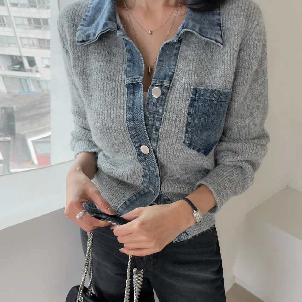 Oversized Knit Sweater Women Denim Patch Cardigan with Open Front Korean Style Wool Blend Top Y2K Casual Winter Pullover